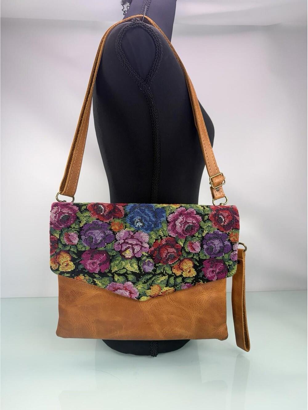 Trades of Hope Floral Needlepoint Leather Crossbody Bag Boho Artisan